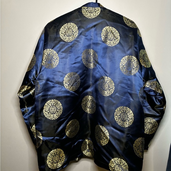 100% Silk M Chinese Print Pankou Knot Button Removable Puffer Liner Jacket Coat - Picture 2 of 9